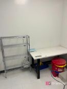(2) Uline Metal Racks; (1) BenchDepot Industrial Work Table;