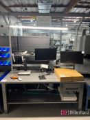 Uline Workbench w/ (2) Dell Monitors and Overhead Lighting
