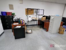 Left Side of Office: [3] Desks, File Cabinets, Wire Rack, Monitors & Chairs