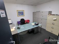 Glass Desk w/ Stainless Steel Desk, [2] Lateral File Cabinets, etc