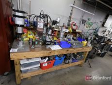 Lot of Wood Table w/ Pneumatic Presses, Pneumatic Fittings, Cylinders, etc.