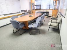 10' Conference Table w/ [11] Cloth Chairs, [2] 3M Dry Erase Boards, [2] Credenzas
