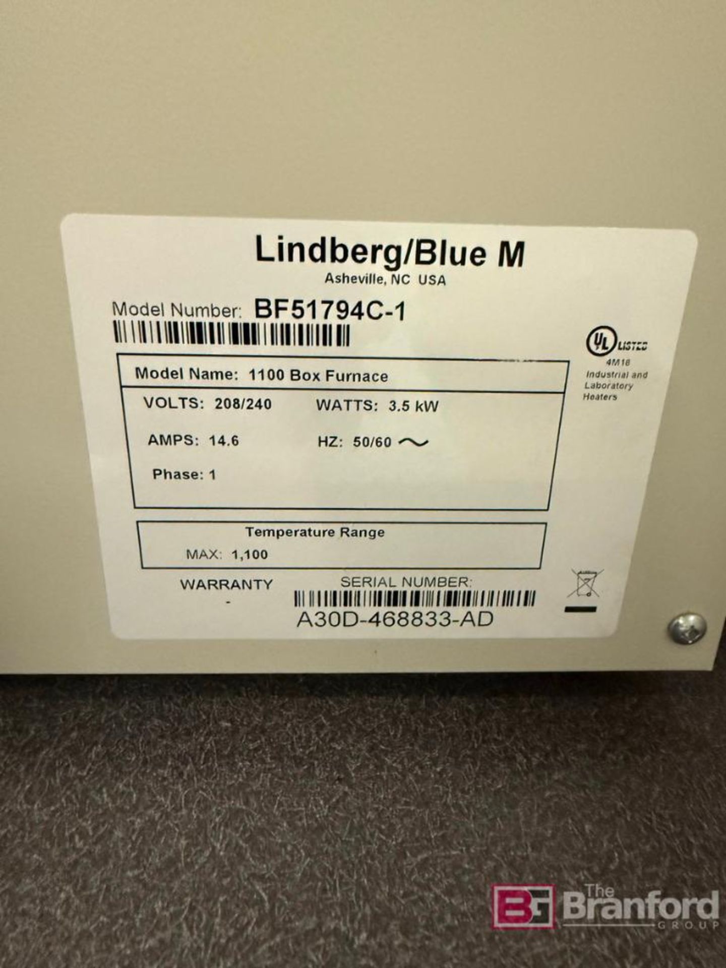 Lindberg/Blue M 1100 Box Furnace; Model: BF51794C-1 - Image 3 of 3