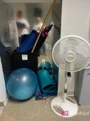 Assortment of (11) body bars, mats, ball, and Lasko Fan