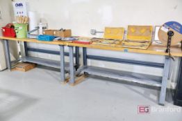 (2) Workbenches, (1) Industrial Shelving Unit, 2-Door Storage Cabinet w/ Contents