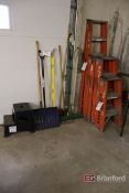 Assorted Ladders, w/ Rakes, Shovels, Brooms, and Step Stool