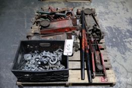 Pallet Lot of (4) Hydraulic Floor Jacks, (3) Pully's, etc