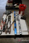 Pallet Lot of Levels, Heavy Come-A-Long, Crimpers, etc