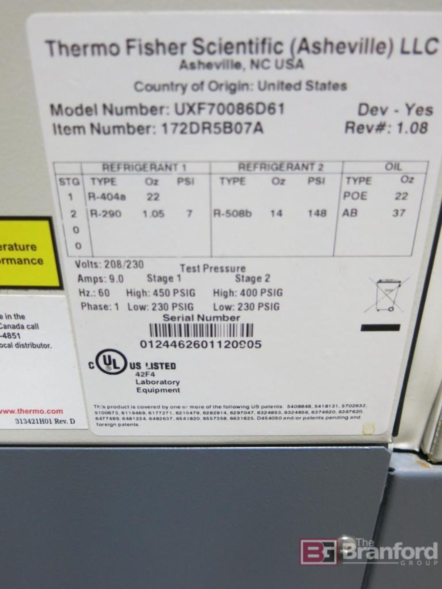 Thermo Scientific Revco UXF -80 Freezer Model UXF70086D61 - Image 3 of 3