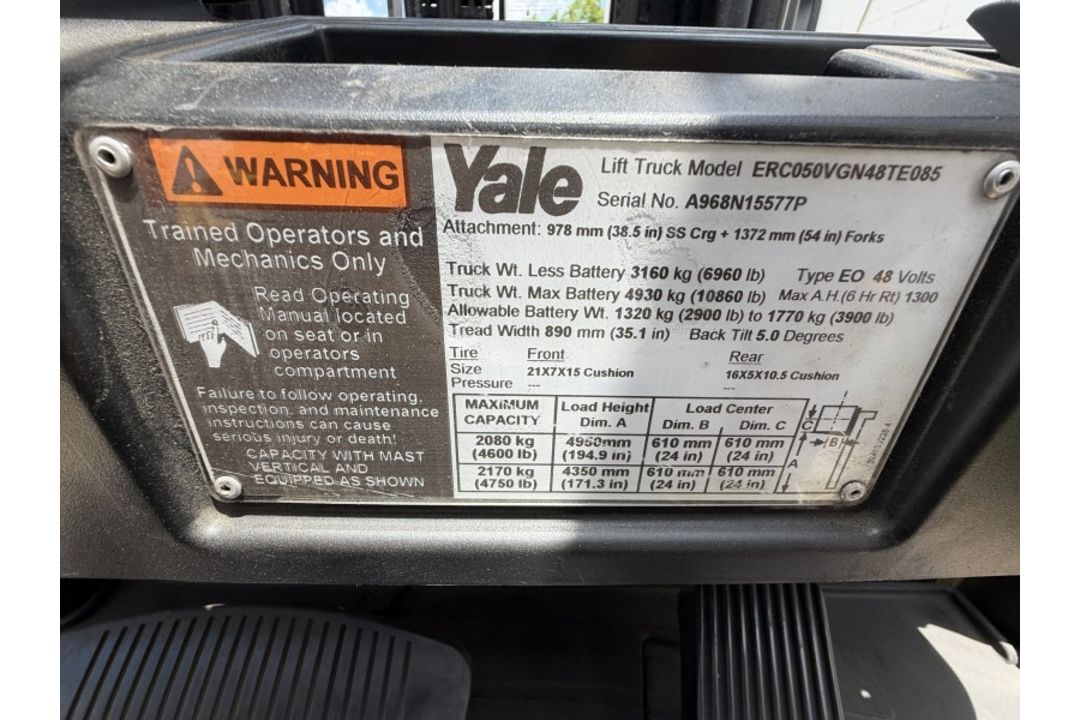 Yale Forklift with 5,267 Hours M: ERC050VGN48TE085 Yale Forklift with 5,267 Hours M: ERC050VGN48T... - Image 18 of 21