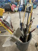 Barrel with miscellaneous shovels, brooms, floor scraper, pry bar etc…