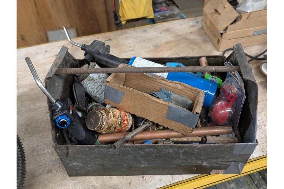 Shopmade Steel Tote w/ Assorted Plumbing Supplies - Image 2 of 8