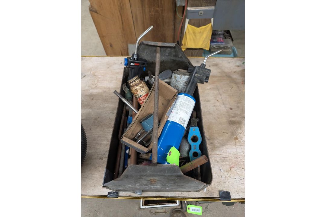 Shopmade Steel Tote w/ Assorted Plumbing Supplies - Image 1 of 8