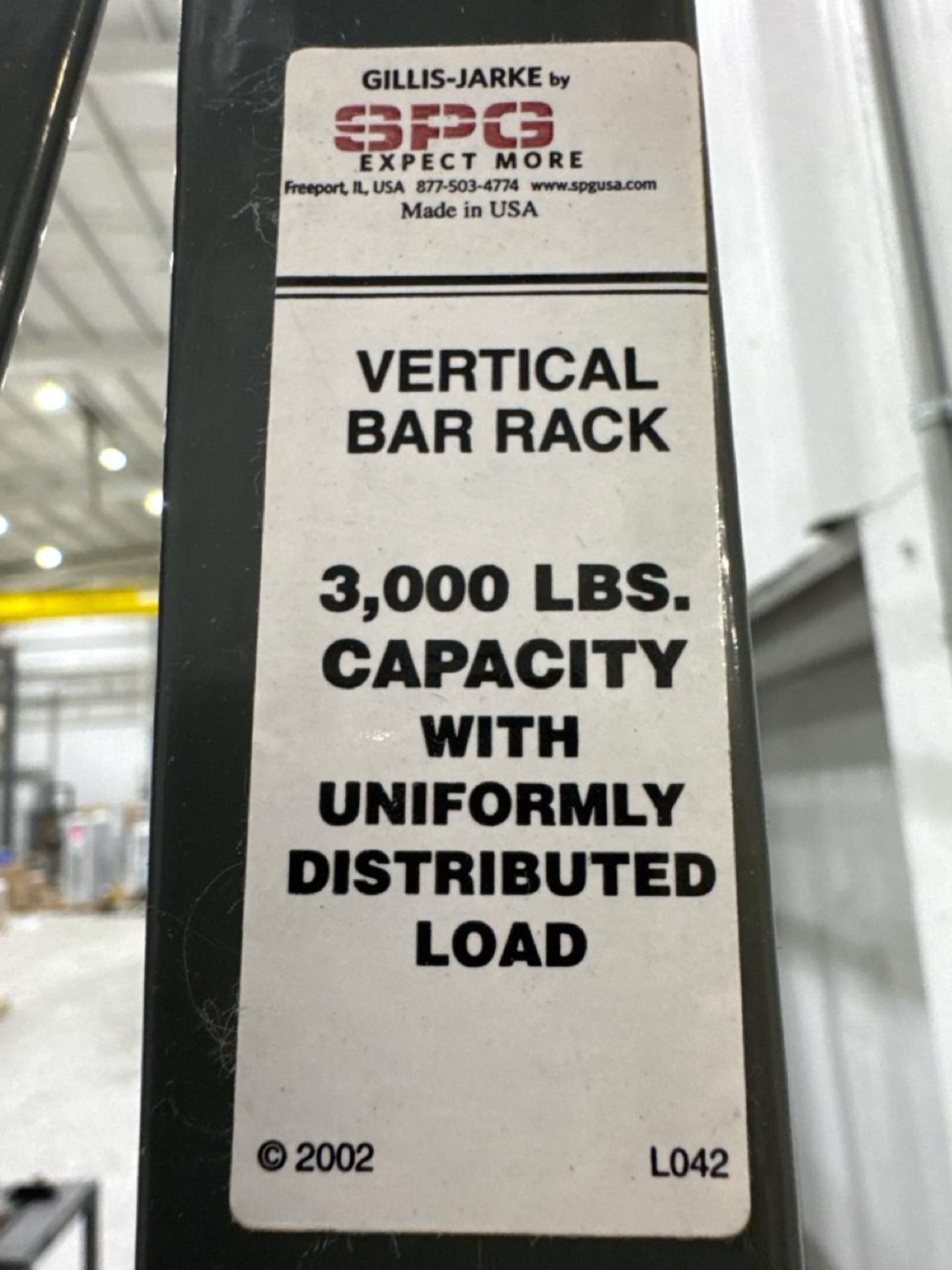 Spg Steel Racks Lot (3) SPG Rolling Vertical Bar Racks, Capacity- 3,000 lbs. & Shelf w ...