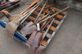 PALLET OF ASSORTED SHOVELS, BROOMS, RAKE, SLEDGE