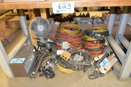 Lot - Extension Cords, Power Strips, Lights, Fan and Heater Under (1) Bench