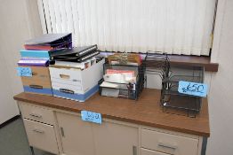 Lot - Office Supplies on (2) Tables, Including: Clipboards, Document Organizers, 3-Hole Punch, Etc.