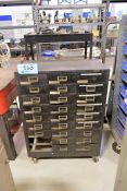 Lot - (1) 3-Tier Cart with Fixtures and (1) 27-Bin Portable Steel Organizer Cabinet, Etc.