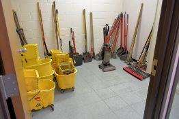 Lot - Brooms, Shovels, Dust Pans, Posthole Digger, Mop Buckets, (2) Upright Vacuums, Etc