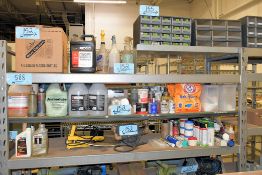 Lot - Water Filter, Oil Skimmer, Baking Soda, Coolant and Solvents on (3) Shelves