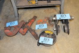 Lot - (2) Scissor Type Pallet Pullers, (1) Tool Balancer and (1) Hoist Trolley