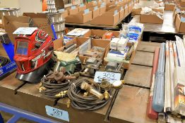 Lot - Welding Helmets, Goggles, Regulators, Replacement Lenses, Ground Clamp and Consumables