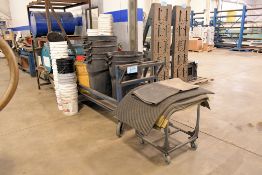 Lot - (1) Heavy Duty Flat Bed Cart and (1) Square Cart with Waste Cans, 5-Gallon Pails, Etc.