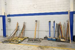 Lot - Brooms, Dust Mops, Dust Pans and Squeegees Along Wall (Located at Column H-15)