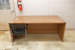 Lot - (1) 4-Door Wood Cabinet, (2) Desks, (3) Vari-Desk Stands, (1) Corkboard, Etc.