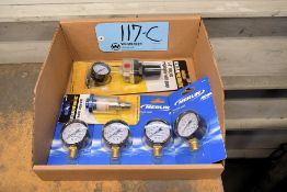Lot - (4) Merlin 160 PSI Pressure Gauges, (1) Central Pneumatic Oil/Water Separator, Etc.