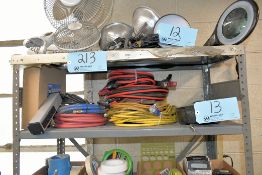 Lot - Jumper Cables, Extension Cords and Air Hoses with (1) Extension Cord Reel on (1) Shelf