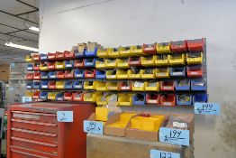Lot - (2) Wall Mounted Plastic Bin Organizers with Bolts, Screws, Plastic Knobs, Etc.