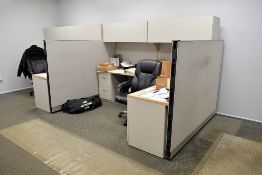 3-Station Cubicle Partition Work System with Desks, 2-Drawer File Cabinets, Overhead Cabinets, Etc.