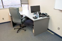 Lot - (2) Corner Desks, (1) Wood Cabinet, (1) 2-Drawer Letter Size File Cabinet, Etc.