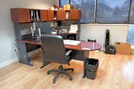 Lot - (1) L-Shaped Desk with Hutch, (1) Round Table, (2) 2-Door Portable Supply Cabinets, Etc.