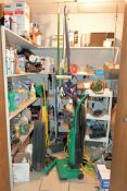 Lot - Janitorial Supplies in Closet, Including: (2) Upright Vacuums, Cart, Brooms, Dust Pans, Etc.