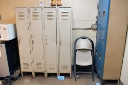 Lot - 3-Drawer Lateral File Cabinet, Lockers, Chairs and (2) Plastic Folding Tables