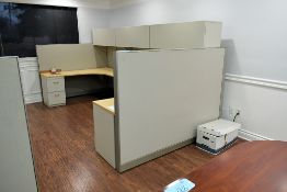 2-Station Cubicle Partition Work System with Desks, 2-Drawer File Cabinet and Overhead Cabinets