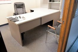 Lot - (1) Wood Desk, (1) Steel Desk, (1) Wood Folding Table and (5) Chairs