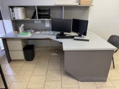 Lot - (1) Corner Desk with 2-Drawer File Cabinet, Contents on Desk, Top Shelf Unit, Etc.