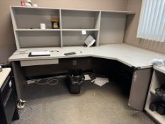 Lot - (1) Corner Desk with Shelves, (1) Laminate Shelf with Contents, (1) Desk, Etc.