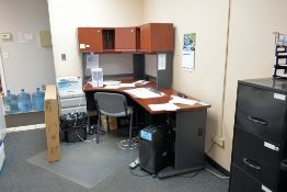Lot - (1) Curved Corner Desk with Hutch, (1) 3-Drawer Cabinet, Etc.