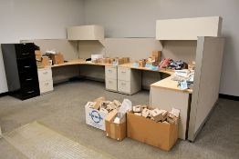 3-Station Cubicle Partition Work System with Desks, 2-Drawer File Cabinets and Overhead Cabinets