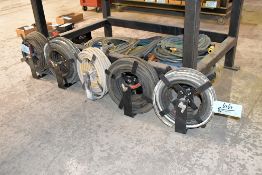 Lot - (5) Air Hose Reels with Air Hose, Garden Hose and Tubing Under (1) Table
