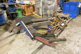 Lot - Brooms, Shovels, Dust Pans, Rakes and Rubber Floor Mats on (3) Pallets