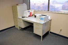 Lot - (3) Desks, (1) 4-Drawer Legal Size File Cabinet, (1) Dry Erase Board and (2) Chairs