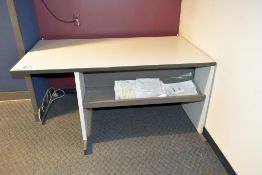 Lot - (4) Desks, (1) Table, (1) Wood Cabinet, (1) 2-Door Supply Cabinet, Etc.