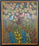 DONALD P.T.( Daten unbekannt), Acryl auf Leinwand. 'Vögel im Wald/Dschungel', nach 1945, signiert.