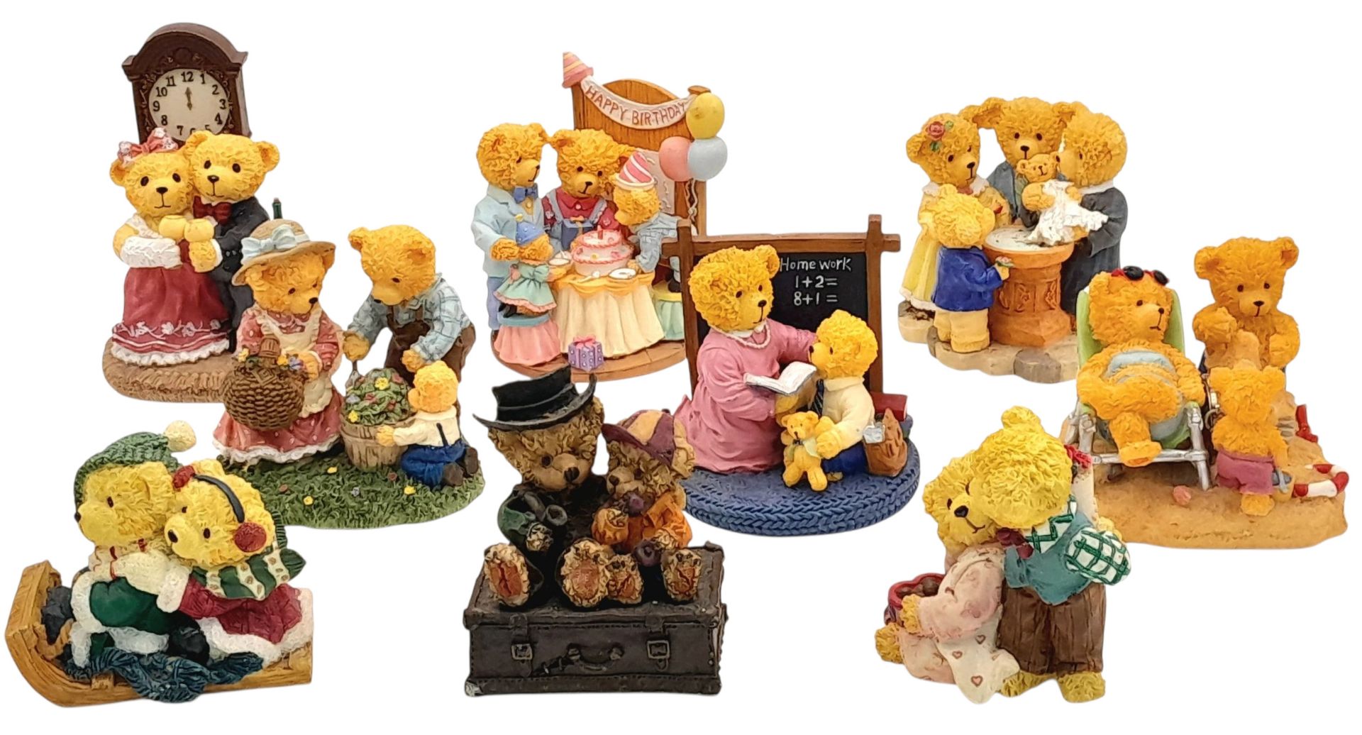 A nice vintage collection of 9x bear figurines, telling the meaningful life story of the family bear