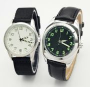 Two Military Style Quartz Watches: 1) A French Navy-33mm Case, 2) A Swedish Soldier. Batteries